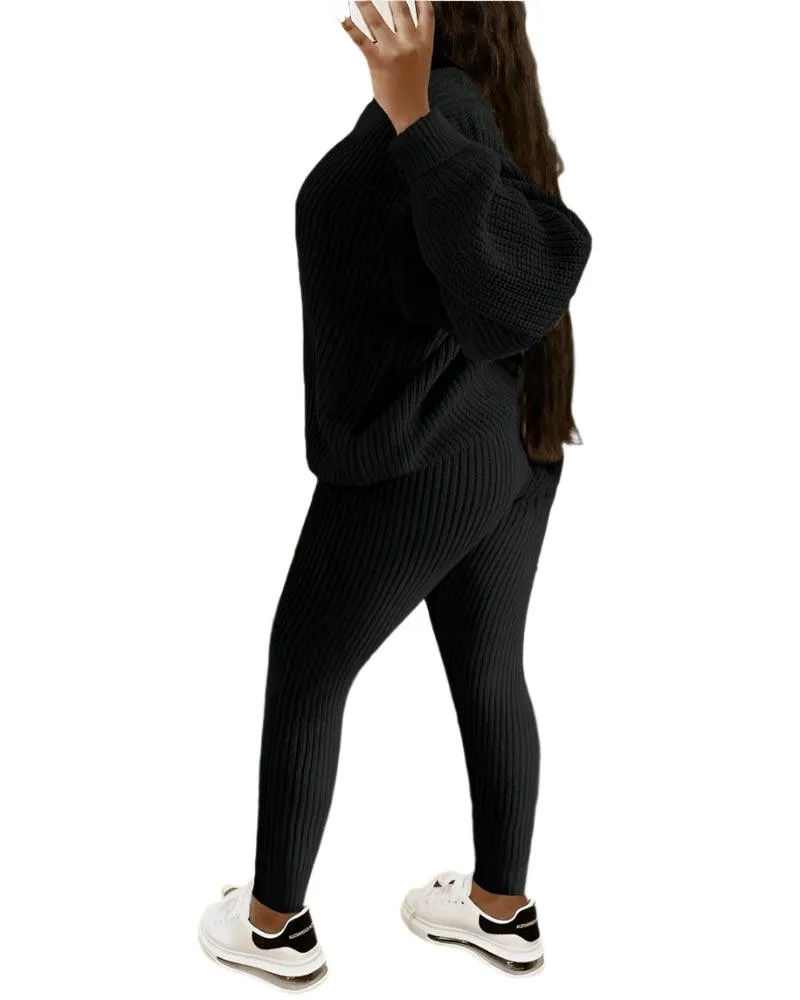 Fall/Winter Women's Casual Knitted Pants Suit - Slim Fit Wool-Blend Leisure Set